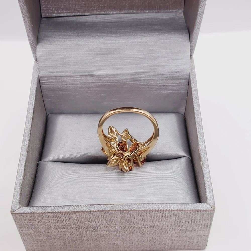 10k Solid Yellow Gold Genuine Spessartite Mandarin Garnet & Diamond Flower Ring